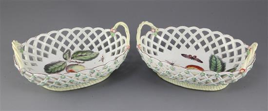 A pair of Derby polychrome pierced oval baskets, c.1760, 23cm, handles restored